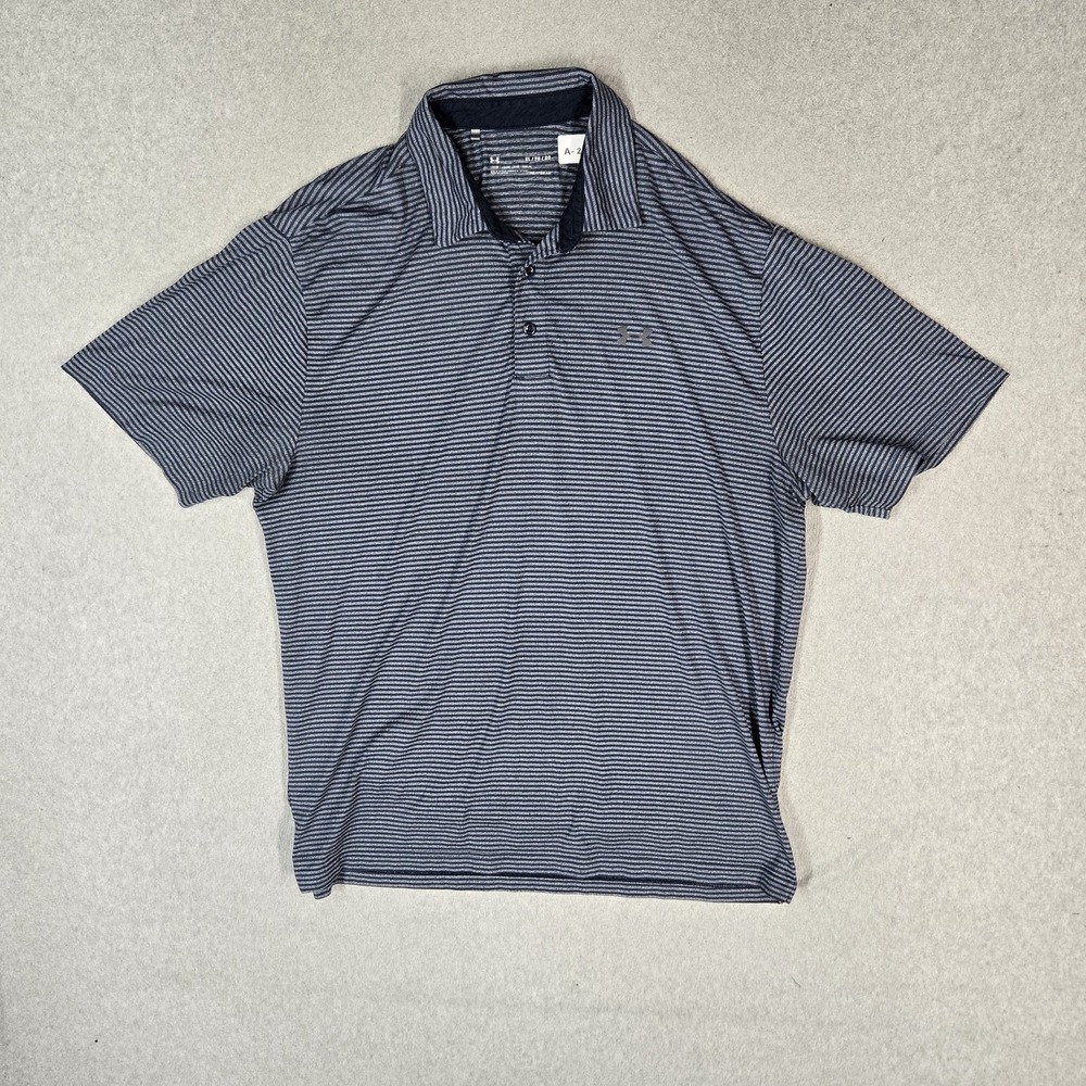 Under Armour Men Polo XL Blue Striped Activewear Heatgear Logo Button Loose